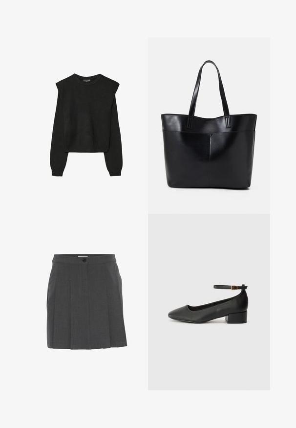 Sort striktrøje med lange ærmer, polstrede skuldre og ribkantede manchetter og kant, vist mod en hvid baggrund.; Grå plisseret nederdel med en taljeelastik, med en frontknaplukning. Fremstillet af tekstureret stof, designet til en skræddersyet pasform.; Sorte læderpumper med spids tå og en lav blokhæl. Har en ankelrem med en guldfarvet spænde. Glat tekstur.; Sort læder tote taske med to lange håndtag, en glat tekstur og en struktureret form. Har en forlommem for ekstra opbevaring.