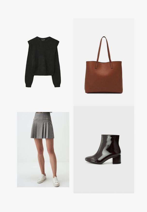 Pull en tricot noir à manches longues avec épaules rembourrées et poignets et ourlet côtelés, présenté sur un fond blanc.; Jupe mini plissée grise avec des rayures verticales, dotée de boutons en ton doré et de poches latérales. Associée à des baskets blanches.; Bottines en cuir verni noir avec un nez pointu et un talon épais. Texture lisse avec un léger éclat et des lignes épurées, design minimaliste.; Sac fourre-tout en cuir marron avec une texture lisse, design à ouverture supérieure et deux poignées pour le porter à l'épaule. Présente des coutures minimales et aucun matériel visible.