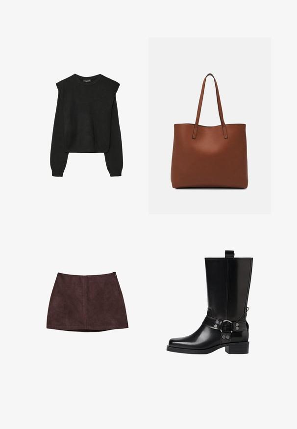 Black long-sleeve knitted sweater with padded shoulders and ribbed cuffs and hem, shown against a white background.; Dark brown suede mini skirt with center seam and side zipper closure, displayed on a white background.; Black leather knee-high boot with a pointed toe, silver buckle accents, and a chunky heel. Features a pull tab for easy wear.; Brown leather tote bag with a smooth texture, open top design, and two shoulder straps. Features minimal stitching and no visible hardware.