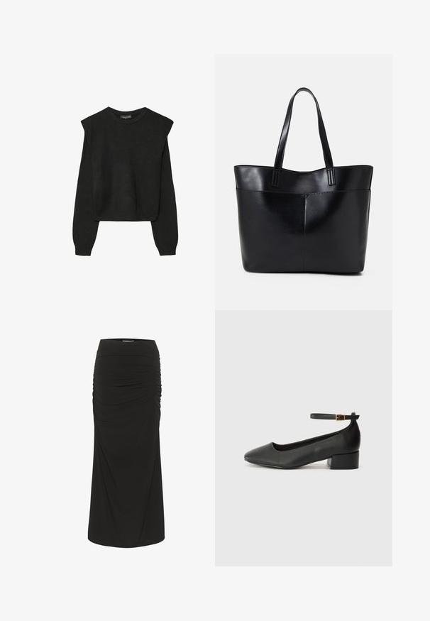 Svart långärmad stickad tröja med vadderade axlar och ribbade muddar och fåll, visad mot en vit bakgrund.; Svart midi kjol i stretchig tyg, med rynkade detaljer på sidan och en mjuk, elegant fall.; Svart läderpump med spetsig tå och en låg klack. Har en ankelsnodd med en guldtonad spänne. Slät textur.; Svart läder tote-väska med två långa handtag, en slät yta och en strukturerad form. Har en framficka för extra förvaring.