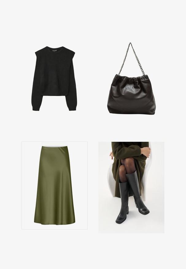 Crna pletena dugoslojna majica sa podloženim ramenima i rebrastim manžetama i rubom, prikazana na bijeloj pozadini.; Maslinasto zelena, suknja do koljena od satena s glatkom teksturom i blagim izdanjem. Ima pojas za struk i nema vidljivih zatvarača ili uzoraka.; Čizme od crne kože do koljena sa četvrtastim vrhom i blok petom, prikazane s manekenkom koja sjedi u maslinasto zelenom kaputu. Glatka tekstura, minimalni detalji.; Smeđa kožna torba s naboranim vrhom i lančićem za nošenje. Glatka tekstura s sjajnim završetkom i suptilnim šavnim detaljima sa strane.