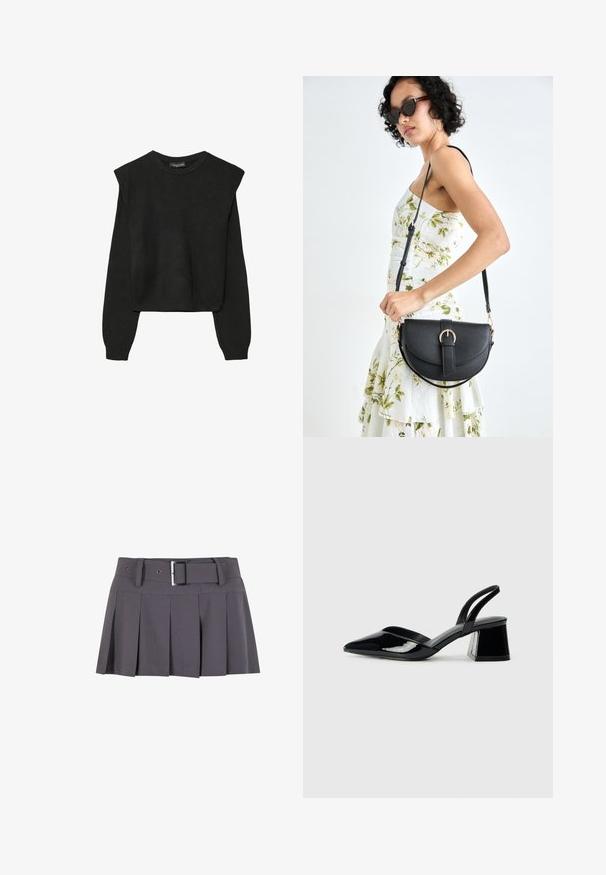 Crna pletena dugoslojna majica sa podloženim ramenima i rebrastim manžetama i rubom, prikazana na bijeloj pozadini.; Siva mini suknja s plisiranim detaljem i glatkom teksturom, koja ima široki pojas, petlje za remen i pravokutni detalj od srebrne kopče.; Crne lakirane kožne sandale s otvorenom petom i špicastim vrhom, s geometrijskom blok petom. Imaju elegantan, minimalistički dizajn i glatku teksturu.; Crna kožna torba s lukovitim oblikom, odvojivim remenom i zlatnim detaljima. Torba ima preklop s kopčom.