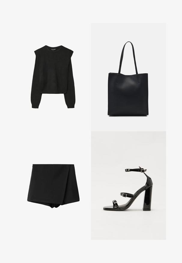 Sort striktrøje med lange ærmer, polstrede skuldre og ribkantede manchetter og kant, vist mod en hvid baggrund.; Sorte wrap-style shorts lavet af glat stof, med høj talje og en afslappet pasform. Ingen mønstre eller accenter synlige.; Sorte patenterede hælsandaler med firkantet tå, ankelremme og sølvspænder. Har en chunky blokHæl for stabilitet.; Sort læder tote taske med glat tekstur, rektangulær form og to lange hanke. Ingen synlig hardware eller udsmykninger.