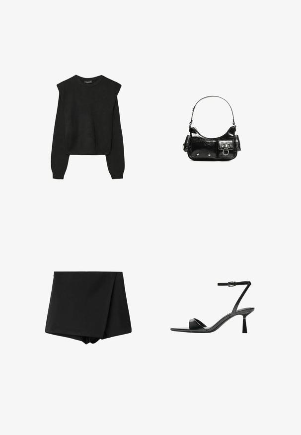 Sort striktrøje med lange ærmer, polstrede skuldre og ribkantede manchetter og kant, vist mod en hvid baggrund.; Sorte wrap-style shorts lavet af glat stof, med høj talje og en afslappet pasform. Ingen mønstre eller accenter synlige.; Bershka Højhælede sandaletter / Højhælede sandaler - black; Sort patenteret læder håndtaske med en buet form, en skulderrem, frontlommer og hardware accenter i sølvfarve.