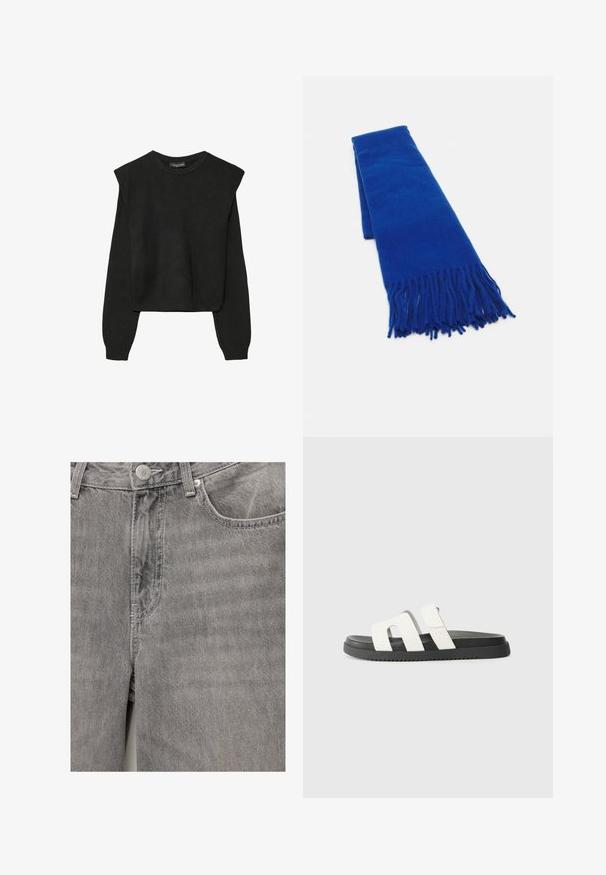 Černý pletený svetr s dlouhými rukávy, vycpanými ramenními částmi a ribbovanými manžetami a lemem, zobrazený na bílém pozadí.; Šedé denimové džíny s hladkou texturou, který mají přední zapínání na knoflík a zip, boční kapsy a jemné prošívací detaily.; Bílé sandály na slidery s dvěma širokými popruhy, černou gumovou podrážkou, minimalistickým designem a hladkým povrchem. Vhodné pro neformální nošení.; Modrá tkaná šála s třásněmi na koncích, hladká textura, obdélníkový tvar a jednotná barva po celém povrchu. Vhodná do chladného počasí.; Béžová strukturovaná kabelka s V-tvarovaným vrchem, hladkou koženou strukturou, krátkými rukojetmi a dlouhým nastavitelným popruhem. Minimalistický design.