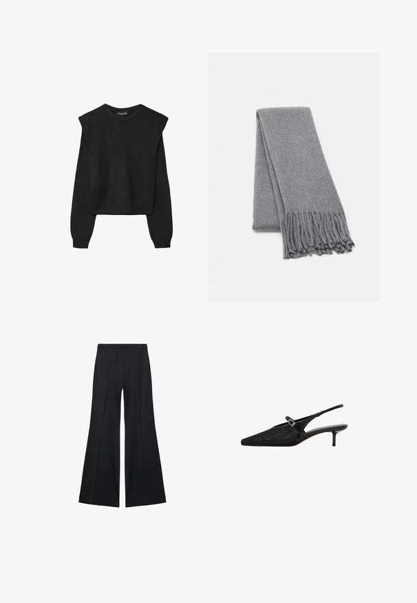 Črn dolgi pulover iz pletenine z oblazinjenimi rameni ter rebrastimi manšetami in robom, prikazan na beli podlagi.; Črne široke hlače z gladko teksturo, ki imajo sprednje nabore in kroj po meri. Tkanina je lahka in zračna.; Črne slingback pete s koničastimi prsti, teksturirano mrežasto zgornje delo, ožji nastavljiv trak z vgraviranim sponko in 5 cm stiletto pete.; Siva volnena šal s mehko teksturo, ki ima frufrane robove in preprost vzorec. Skrbno zložen, da pokaže svojo podolgovato obliko.; Srebrna kovinska torbica z zaobljeno, gladko obliko. Ima zapiranje na sponko in snemljivo verižico. Odbijajoča površina brez vzorcev.
