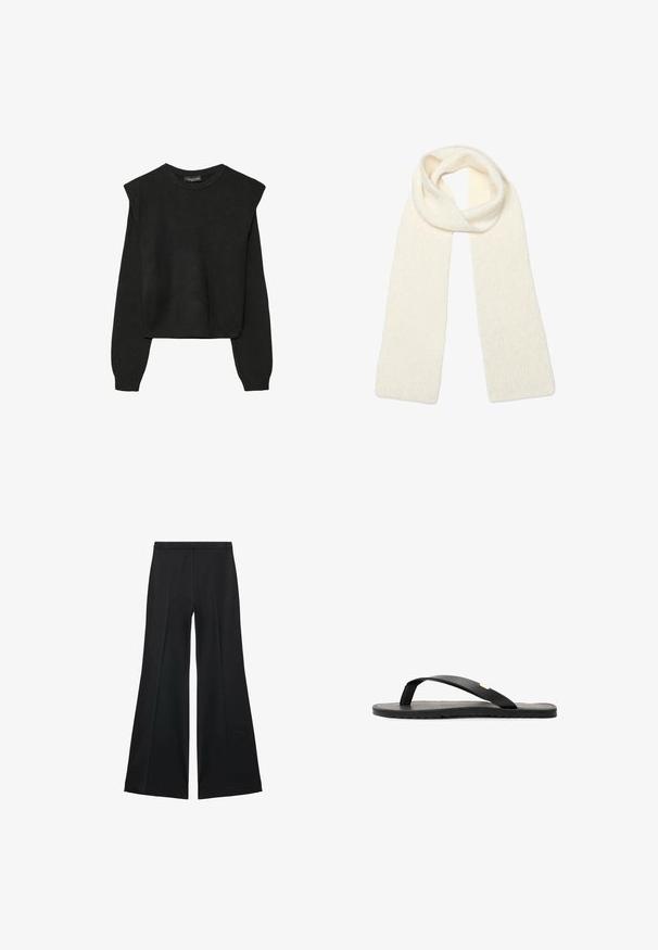 Czarny, długi sweter z dzianiny z poduszkami na ramionach oraz prążkowanymi mankietami i dołem, pokazany na białym tle.; Czarne spodnie o szerokich nogawkach z gładką teksturą, z przodu ozdobione zakładkami i skrojonym fasonem. Materiał jest lekki i zwiewny.; Czarne klapki na płaskiej podeszwie, z fakturowaną czarną wkładką, gładkimi paskami i małym złotym akcentem w pobliżu paska przy palcach.; Miękki, dziany szalik w kolorze kremowym, luźno złożony u góry, z obiema końcówkami zwisającymi prosto w dół.