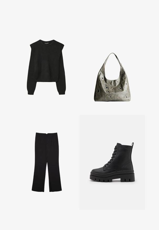 Crna pletena dugoslojna majica sa podloženim ramenima i rebrastim manžetama i rubom, prikazana na bijeloj pozadini.; Crne hlače ravnog kroja, s prednjim džepovima i bočnim prorezima na rubu. Izrađene od mekog i glatkog materijala. Pogodne za razne prigode.; Even&Odd Wide Fit Gležnjače s platformom - black; Maslinasto zeleni kožni ručni kovčeg s opuštenim dizajnom, s raznim kružnim izrezima različitih veličina i naglascima u tamnijim i svjetlijim nijansama.