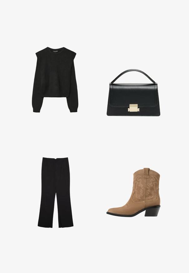 Pull en tricot noir à manches longues avec épaules rembourrées et poignets et ourlet côtelés, présenté sur un fond blanc.; Pantalon noir avec une coupe droite, doté de poches avant et d'éclairs sur l'ourlet. Fabriqué en tissu doux et lisse. Convient à diverses occasions.; Bottines western en daim marron avec un bout pointu, un design brodé et un petit talon noir empilé. Comprend des tirettes pour un enfilage facile.; Sac à main en cuir noir au design structuré, avec une poignée supérieure et un détail de fermoir en métal doré à l'avant. Texture lisse, couture minimale.