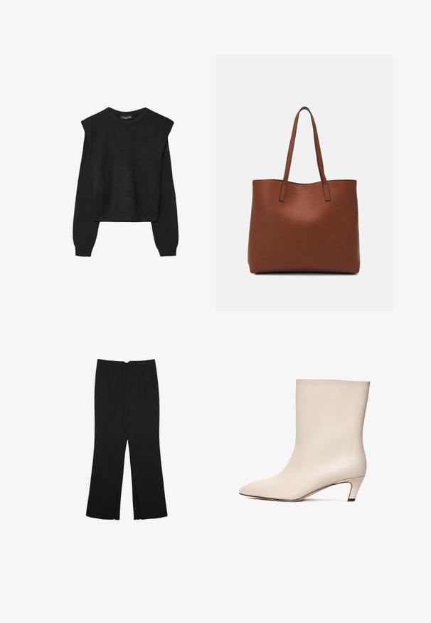 Mustat pitkätuuliseset neulepaidat, joissa on toppaukset harteilla sekä ribbaus hihansuissa ja helmassa, esitetty valkoista taustaa vasten.; Mustat housut suoralinjaisella leikkauksella, joissa on etutaskut ja sivurei'ät helman alla. Valmistettu pehmeästä ja sileästä kankaasta. Sopii eri tilaisuuksiin.; Beige nahkasaapas nilkkapituisella, terävällä kärjellä ja kartiomaisella kantapäällä. Silkinmoleva pinta, jossa on minimaalinen ompelu ja sulavaliikkuinen siluetti.; Ruskea nahkainen olkalaukku, jossa on sileä pinta, avoin yläosa ja kaksi olkahihnaa. Omaavat vain minimaalisen ompelun eikä näkyvää metalliosaa.