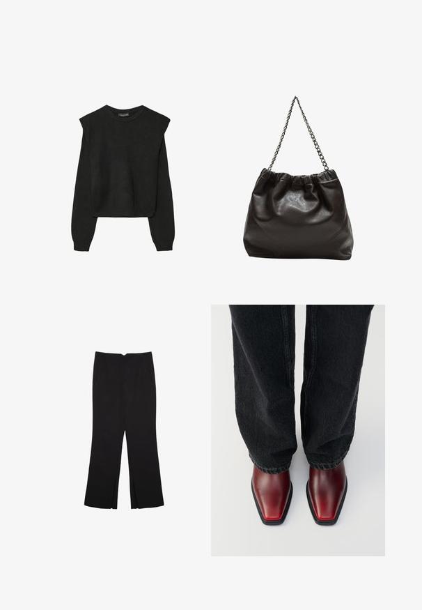 Črn dolgi pulover iz pletenine z oblazinjenimi rameni ter rebrastimi manšetami in robom, prikazan na beli podlagi.; Črne hlače ravnega kroja z naglavnimi žepi in stranskimi razporki na robu. Narejene iz mehke, gladke tkanine. Primerne za različne priložnosti.; Rdeče usnjene gležnarje s kvadratnim nosom, s kontrastnim črnim gumijastim podplatom. Oblečeni so z temno modrimi kavbojkami.; Rjava usnjena torba z nabranim vrhom in verižnim trakom. Gladka tekstura z sijajno površino in subtilnimi šivi na straneh.