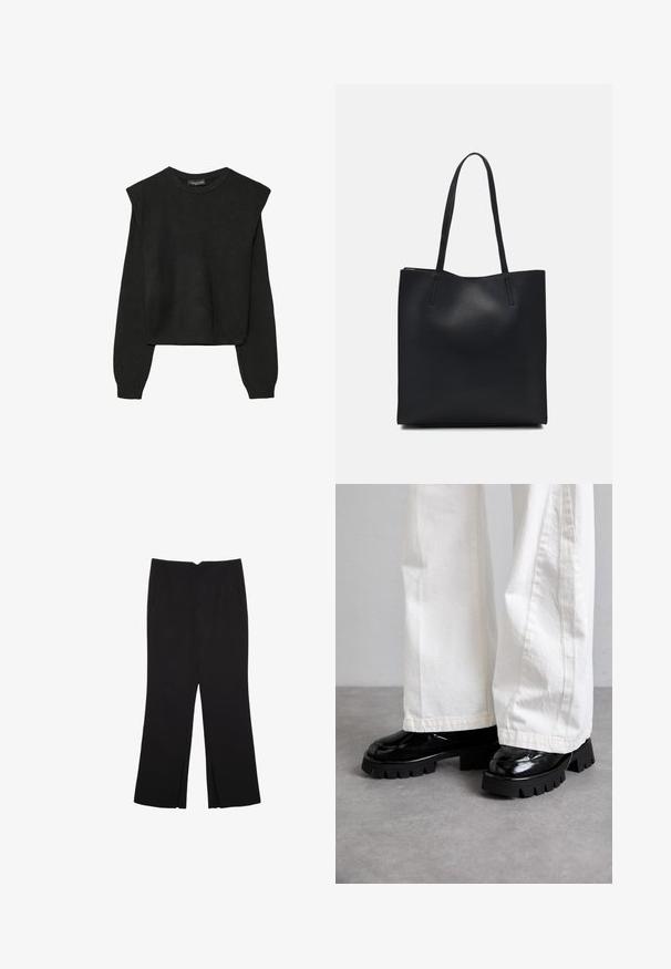 Schwarzer, langärmeliger, gestrickter Pullover mit gepolsterten Schultern sowie gerippten Bündchen und Saum, dargestellt vor einem weißen Hintergrund.; Schwarze Hose mit geradem Schnitt, ausgestattet mit Fronttaschen und Seitenschlitzen am Saum. Hergestellt aus weichem, glattem Stoff. Geeignet für verschiedene Anlässe.; Schwarze Schuhe mit dicker Sohle und glänzender Oberfläche, kombiniert mit weißen weiten Hosen. Bemerkenswerter dicker Profil und glatte Textur der Schuhe.; Schwarze Laptoptasche aus Leder mit glatter Textur, rechteckiger Form und zwei langen Griffen. Keine sichtbaren Beschläge oder Verzierungen.