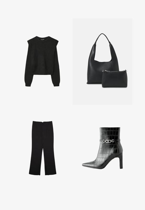 Pull en tricot noir à manches longues avec épaules rembourrées et poignets et ourlet côtelés, présenté sur un fond blanc.; Pantalon noir avec une coupe droite, doté de poches avant et d'éclairs sur l'ourlet. Fabriqué en tissu doux et lisse. Convient à diverses occasions.; Botte de cheville en simili-cuir crocodile noir avec bout pointu, talon haut et accent en chaîne argentée autour de la cheville. Texture lisse et design élégant.; Even&Odd Sac à main - black