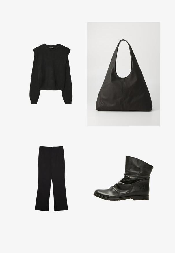 Pull en tricot noir à manches longues avec épaules rembourrées et poignets et ourlet côtelés, présenté sur un fond blanc.; Pantalon noir avec une coupe droite, doté de poches avant et d'éclairs sur l'ourlet. Fabriqué en tissu doux et lisse. Convient à diverses occasions.; Bottine en cuir noir avec un design plié, bout rond et semelle plate. Présente un logo papillon subtil sur le côté. Texture lisse.; Sac fourre-tout en cuir noir avec une poignée courbée, forme triangulaire allongée et texture lisse. Présente un design minimaliste sans matériel visible.