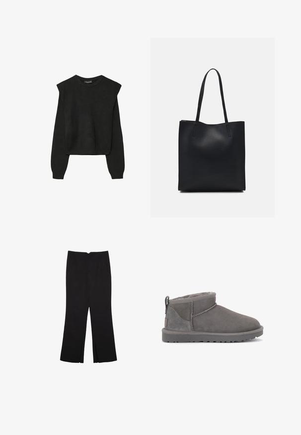 Czarny, długi sweter z dzianiny z poduszkami na ramionach oraz prążkowanymi mankietami i dołem, pokazany na białym tle.; Czarne spodnie o prostym kroju, z przednimi kieszeniami i bocznymi rozcięciami na dole. Wykonane z miękkiego, gładkiego materiału. Odpowiednie na różne okazje.; Szare zamszowe botki za kostkę z miękką wewnętrzną podszewką, minimalnym przeszyciem i uformowaną gumową podeszwą. Posiadają pętelkę z tyłu.; Czarna skórzana torba tote o gładkiej fakturze, prostokątnym kształcie i dwóch długich uchwytach. Brak widocznych elementów metalowych i ozdób.