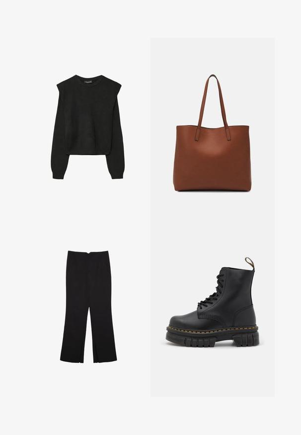 Črn dolgi pulover iz pletenine z oblazinjenimi rameni ter rebrastimi manšetami in robom, prikazan na beli podlagi.; Črne hlače ravnega kroja z naglavnimi žepi in stranskimi razporki na robu. Narejene iz mehke, gladke tkanine. Primerne za različne priložnosti.; Črne usnjene čevlje z vezalkami z debelim podplatom, rumenim šivom, okroglo konico in zanka na hrbtni strani za lažje obuvanje.; Rjava usnjena torba z gladko teksturo, odprto zasnovo zgoraj in dvema naramnima trakovoma. Opremljena je z minimalnim šivanjem in brez vidnih kovinskih delov.