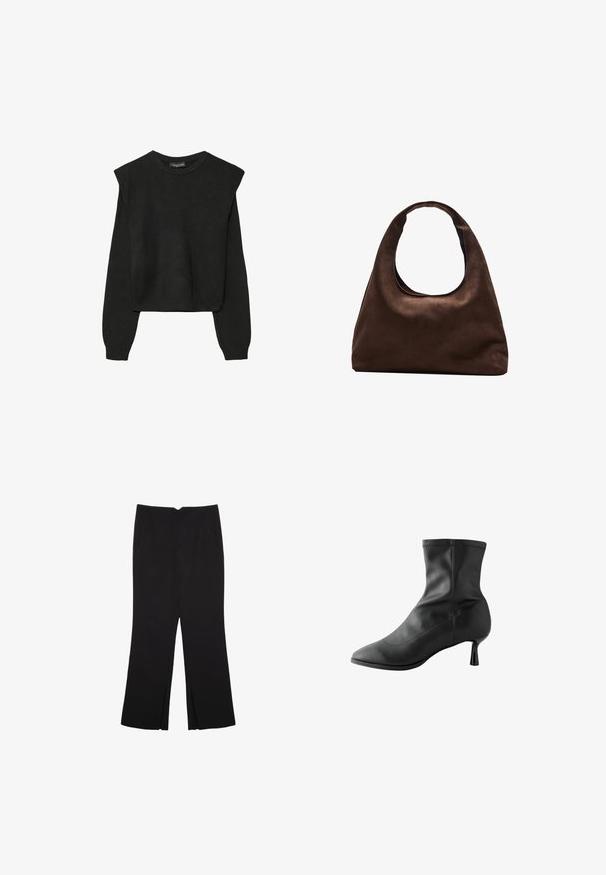 Black long-sleeve knitted sweater with padded shoulders and ribbed cuffs and hem, shown against a white background.; Black trousers with a straight fit, featuring front pockets and side slits at the hem. Made of soft, smooth fabric. Suitable for various occasions.; Black ankle boot made of smooth leather, featuring a pointed toe and a narrow, cylindrical heel. Stitching accents along the top edge.; Soft brown hobo-style handbag with a single wide strap and a curved top handle opening, displayed on a white background.