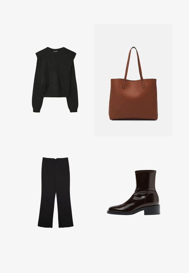 Mustat pitkätuuliseset neulepaidat, joissa on toppaukset harteilla sekä ribbaus hihansuissa ja helmassa, esitetty valkoista taustaa vasten.; Mustat housut suoralinjaisella leikkauksella, joissa on etutaskut ja sivurei'ät helman alla. Valmistettu pehmeästä ja sileästä kankaasta. Sopii eri tilaisuuksiin.; Ruskeat nahkaiset nilkkurit, joissa on sileä pinta, neliön muotoinen kärki, teksturoitu ompelu ja matala lohkopohja. Ominaisuuksina on tyylikäs, minimalistinen muotoilu.; Ruskea nahkainen olkalaukku, jossa on sileä pinta, avoin yläosa ja kaksi olkahihnaa. Omaavat vain minimaalisen ompelun eikä näkyvää metalliosaa.