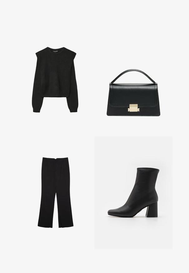 Czarny, długi sweter z dzianiny z poduszkami na ramionach oraz prążkowanymi mankietami i dołem, pokazany na białym tle.; Czarne spodnie o prostym kroju, z przednimi kieszeniami i bocznymi rozcięciami na dole. Wykonane z miękkiego, gładkiego materiału. Odpowiednie na różne okazje.; Czarne botki za kostkę wykonane z gładkiej skóry, z ostrym noskiem i grubym, prostokątnym obcasem. Posiadają przeszywaną krawędź górną dla dodatkowego efektu.; Czarna skórzana torebka o zorganizowanej konstrukcji, z górną rączką i złotym metalowym zapięciem z przodu. Gładka faktura, minimalne przeszycia.