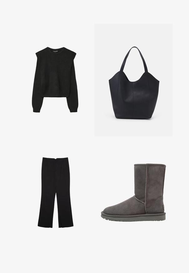 Mustat pitkätuuliseset neulepaidat, joissa on toppaukset harteilla sekä ribbaus hihansuissa ja helmassa, esitetty valkoista taustaa vasten.; Mustat housut suoralinjaisella leikkauksella, joissa on etutaskut ja sivurei'ät helman alla. Valmistettu pehmeästä ja sileästä kankaasta. Sopii eri tilaisuuksiin.; Harmaan mokkanahka nilkkabootit, joissa on pyöristetty kärki, pystysuora saumoitus ja litteä kumipohja. Ominaisuutena on yksinkertainen, koristelematon muotoilu.; Mustat kangaskassit, jotka on valmistettu sileästä nahasta, jossa on kaareva, avoin yläosa, kaksi olkahihnaa ja minimalistinen muotoilu.