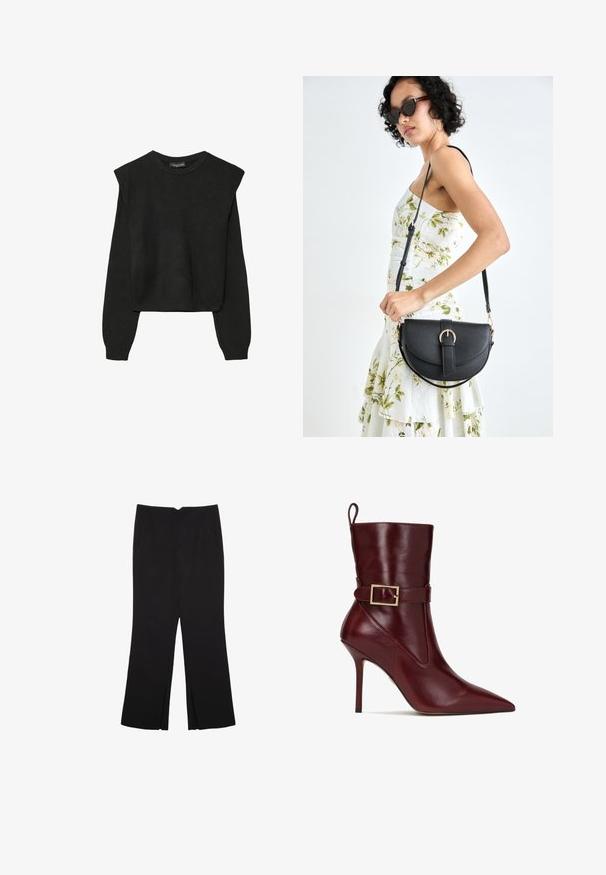 Crna pletena dugoslojna majica sa podloženim ramenima i rebrastim manžetama i rubom, prikazana na bijeloj pozadini.; Crne hlače ravnog kroja, s prednjim džepovima i bočnim prorezima na rubu. Izrađene od mekog i glatkog materijala. Pogodne za razne prigode.; Bordo kožni gležnjač s uskim vrhom i stiletto potpeticom. Ima bočnu kopču i glatku teksturu. Na stražnjoj strani se nalazi uzica za lakše obuvanje.; Crna kožna torba s lukovitim oblikom, odvojivim remenom i zlatnim detaljima. Torba ima preklop s kopčom.