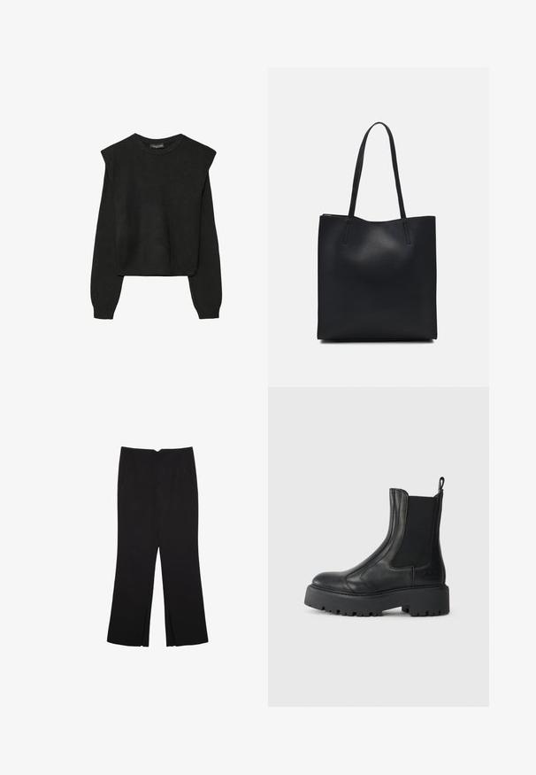 Čierny pletený sveter s dlhými rukávmi, vycpanými ramenami a rebrovanými nápletmi a spodným okrajom, zobrazený na bielom pozadí.; Čierne nohavice so strihom rovného strihu, s prednými vreckami a bočnými rozparkami na leme. Vyrobené z mäkkej, hladkej tkaniny. Vhodné na rôzne príležitosti.; Čierna kožená členková obuv s elastickými bočnými panelmi, okrúhlou špičkou a hrubou textúrovanou gumovou podrážkou. Obsahuje pútko na zadnej strane.; Čierna kožená taška na rameno s hladkým povrchom, obdĺžnikovým tvarom a dvoma dlhými uchami. Bez viditeľného kovania alebo ozdôb.