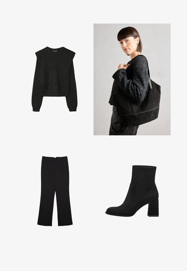 Črn dolgi pulover iz pletenine z oblazinjenimi rameni ter rebrastimi manšetami in robom, prikazan na beli podlagi.; Črne hlače ravnega kroja z naglavnimi žepi in stranskimi razporki na robu. Narejene iz mehke, gladke tkanine. Primerne za različne priložnosti.; Črne gležnjarje z blok peto, izdelane iz mehke semiš usnjene. Imajo zaobljen toe in gladke stranske panele s podrobnostmi v šivanju.; Črna semiš torbica z gladko teksturo, strukturirano obliko in kontrastnim šivanjem. Ima dolge naramnice za nošenje na rami.