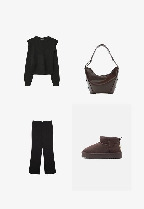 Černý pletený svetr s dlouhými rukávy, vycpanými ramenními částmi a ribbovanými manžetami a lemem, zobrazený na bílém pozadí.; Černé kalhoty s rovným střihem, s předními kapsami a bočními rozparky na lemu. Vyrobené z jemné, hladké tkaniny. Vhodné na různé příležitosti.; Hnědé semišové kotníkové boty s zaoblenou špičkou, minimálními švy a texturovanou gumovou podrážkou. Obsahují malý poutko na zadní straně a značkovou etiketu.; Tmavě hnědá kožená kabelka s oblým tvarem, na zip a s krátkým uchopovacím držadlem. Obsahuje kovové detaily a dekorativní černé knoflíky po stranách.