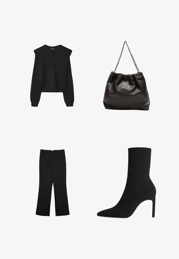 Crna pletena dugoslojna majica sa podloženim ramenima i rebrastim manžetama i rubom, prikazana na bijeloj pozadini.; Crne hlače ravnog kroja, s prednjim džepovima i bočnim prorezima na rubu. Izrađene od mekog i glatkog materijala. Pogodne za razne prigode.; Crne čizme do članka izrađene od mekog nubuka, sa šiljastim prstom i visokim stiletto potplatom. Minimalistički dizajn bez vidljivih metalnih dijelova ili uzoraka.; Smeđa kožna torba s naboranim vrhom i lančićem za nošenje. Glatka tekstura s sjajnim završetkom i suptilnim šavnim detaljima sa strane.