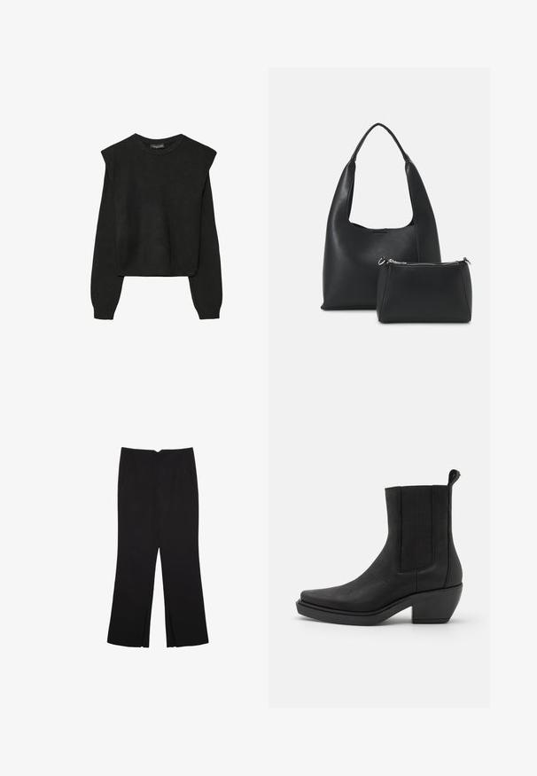 Černý pletený svetr s dlouhými rukávy, vycpanými ramenními částmi a ribbovanými manžetami a lemem, zobrazený na bílém pozadí.; Černé kalhoty s rovným střihem, s předními kapsami a bočními rozparky na lemu. Vyrobené z jemné, hladké tkaniny. Vhodné na různé příležitosti.; Černé kožené kotníkové boty s elastickými bočními panely, špičatou špicí a masivním podpatkem. Texturovaný povrch s hladkým povrchem.; Even&Odd Kabelka - black