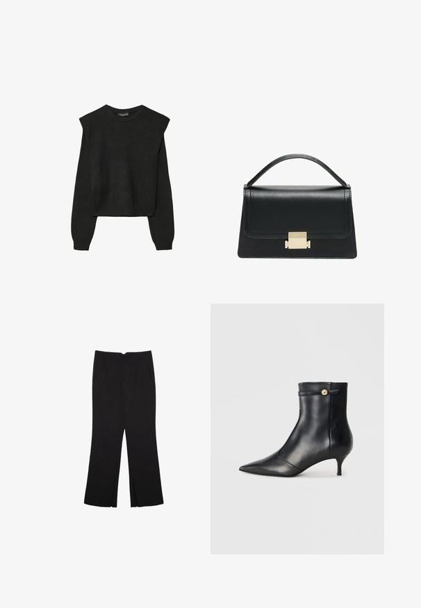 Černý pletený svetr s dlouhými rukávy, vycpanými ramenními částmi a ribbovanými manžetami a lemem, zobrazený na bílém pozadí.; Černé kalhoty s rovným střihem, s předními kapsami a bočními rozparky na lemu. Vyrobené z jemné, hladké tkaniny. Vhodné na různé příležitosti.; Černé kožené kotníkové boty s špičatou špičkou a malým, zúženým podpatkem. Vybaveny dekorativním páskem s akcentem zlatého knoflíku. Hladký povrch.; Černá kožená kabelka se strukturovaným designem, horním uchopením a zlatým kovovým zapínáním na přední straně. Hladký povrch, minimální švy.