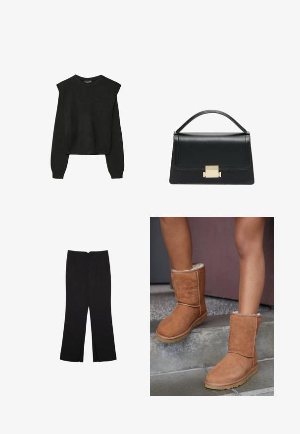 Črn dolgi pulover iz pletenine z oblazinjenimi rameni ter rebrastimi manšetami in robom, prikazan na beli podlagi.; Črne hlače ravnega kroja z naglavnimi žepi in stranskimi razporki na robu. Narejene iz mehke, gladke tkanine. Primerne za različne priložnosti.; Rjavi semiš škornji do gležnjev z okroglo konico, mehkim podloženjem in gumijastim podplatom, ki imajo vidne šive ob šivih.; Črna usnjena torbica z strukturiranim dizajnom, zgornjim ročajem in zlate kovinske sponke na sprednji strani. Gladka tekstura, minimalno šivanje.