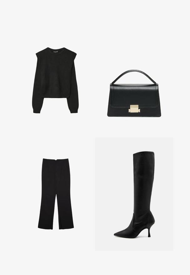 Černý pletený svetr s dlouhými rukávy, vycpanými ramenními částmi a ribbovanými manžetami a lemem, zobrazený na bílém pozadí.; Černé kalhoty s rovným střihem, s předními kapsami a bočními rozparky na lemu. Vyrobené z jemné, hladké tkaniny. Vhodné na různé příležitosti.; Stuart Weitzman Vysoká obuv - black; Černá kožená kabelka se strukturovaným designem, horním uchopením a zlatým kovovým zapínáním na přední straně. Hladký povrch, minimální švy.