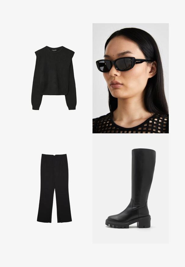 Mustat pitkätuuliseset neulepaidat, joissa on toppaukset harteilla sekä ribbaus hihansuissa ja helmassa, esitetty valkoista taustaa vasten.; Mustat housut suoralinjaisella leikkauksella, joissa on etutaskut ja sivurei'ät helman alla. Valmistettu pehmeästä ja sileästä kankaasta. Sopii eri tilaisuuksiin.; Polvisuussa mustat nahkabootsit, joissa on sileä pinta, paksu pohja ja neliönmallinen kärki. Minimalistinen tyyli ilman näkyviä yksityiskohtia.; Mustat kissankorvakehykset aurinkolasit tummilla linsseillä, kiiltävä muovikehys ja kultainen logoesiintymä temppeleissä. Minimalistinen muotoilu ja kevyt rakenne.; Ruskea nahkainen laukku, jossa on kerätty yläosa ja ketjuhihna. Tasainen pinta, jossa kiiltävä viimeistely ja hienovaraiset sauman yksityiskohdat sivuilla.