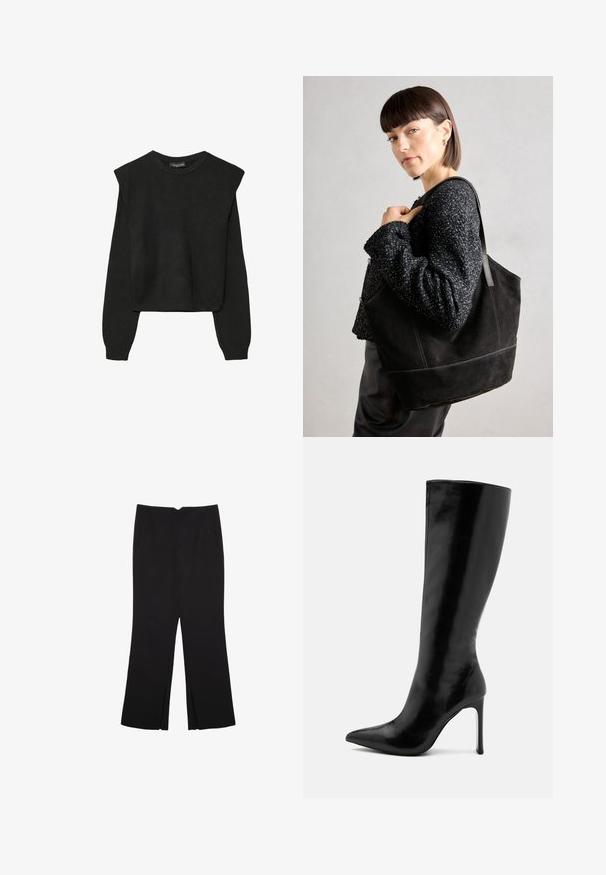 Črn dolgi pulover iz pletenine z oblazinjenimi rameni ter rebrastimi manšetami in robom, prikazan na beli podlagi.; Črne hlače ravnega kroja z naglavnimi žepi in stranskimi razporki na robu. Narejene iz mehke, gladke tkanine. Primerne za različne priložnosti.; Črne škornje do kolen iz sijajnega usnja, z ostrim nosom in vitkim stiletto peto. Gladka tekstura z minimalističnim dizajnom.; Črna semiš torbica z gladko teksturo, strukturirano obliko in kontrastnim šivanjem. Ima dolge naramnice za nošenje na rami.