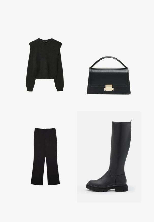 Maglione nero a maniche lunghe in maglia con spalle imbottite e polsini e orlo a coste, mostrato su uno sfondo bianco.; Pantaloni neri a gamba dritta, con tasche frontali e spacchi laterali all'orlo. Realizzati in tessuto morbido e liscio. Adatti a diverse occasioni.; Stivale nero al ginocchio in materiale liscio e opaco, con suola spessa, punta rotonda e un manico nella parte superiore per una facile vestibilità.; Borsa a tracolla in pelle nera con design strutturato, manico superiore e dettaglio in metallo dorato sulla parte frontale. Texture liscia, cuciture minime.