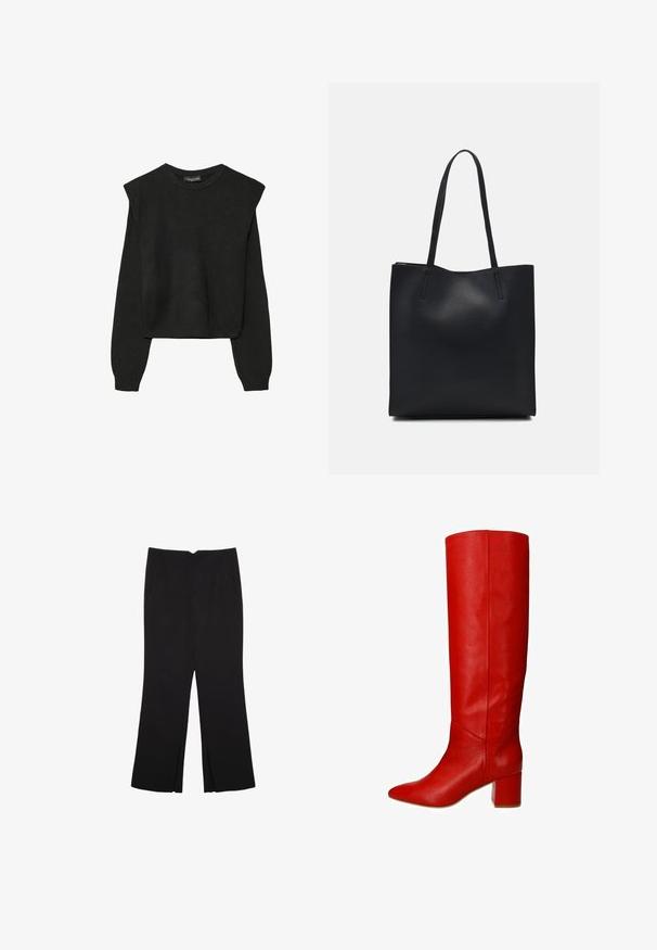 Pull en tricot noir à manches longues avec épaules rembourrées et poignets et ourlet côtelés, présenté sur un fond blanc.; Pantalon noir avec une coupe droite, doté de poches avant et d'éclairs sur l'ourlet. Fabriqué en tissu doux et lisse. Convient à diverses occasions.; Botte rouge en cuir montant jusqu'au genou avec un bout pointu et un talon large, présentant une texture lisse et un design moderne et épuré.; Sac fourre-tout en cuir noir avec une texture lisse, de forme rectangulaire et deux longues poignées. Pas de matériel ou d'ornementations visibles.