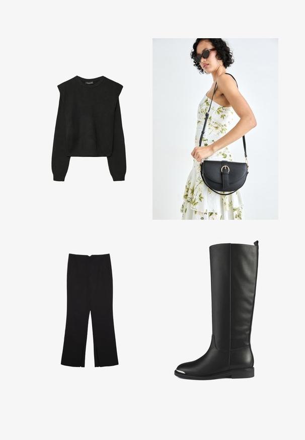 Sort striktrøje med lange ærmer, polstrede skuldre og ribkantede manchetter og kant, vist mod en hvid baggrund.; Sorte bukser med lige pasform, der har frontlommer og slidser i kanten. Lavet af blødt, glat stof. Velegnet til forskellige anledninger.; Støvler i sort læder til knæet med en glat overflade, rund tå og sølvaccent på tåkappen. Med en lav, flad hæl og sømløst design.; Sort læderhåndtaske med en buet form, aftagelig rem og guldfinish. Tasken har en klap med en spænde detalje.