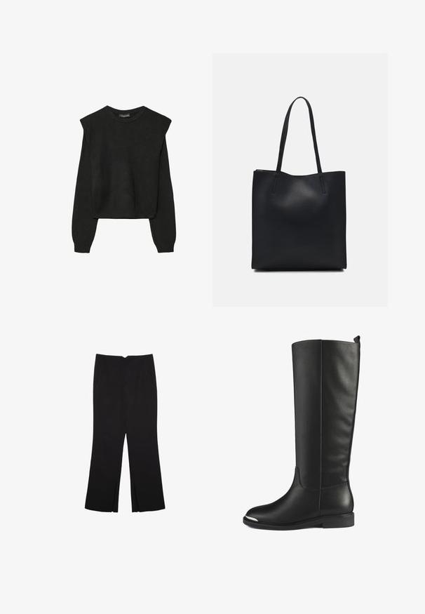 Sort striktrøje med lange ærmer, polstrede skuldre og ribkantede manchetter og kant, vist mod en hvid baggrund.; Sorte bukser med lige pasform, der har frontlommer og slidser i kanten. Lavet af blødt, glat stof. Velegnet til forskellige anledninger.; Støvler i sort læder til knæet med en glat overflade, rund tå og sølvaccent på tåkappen. Med en lav, flad hæl og sømløst design.; Sort læder tote taske med glat tekstur, rektangulær form og to lange hanke. Ingen synlig hardware eller udsmykninger.