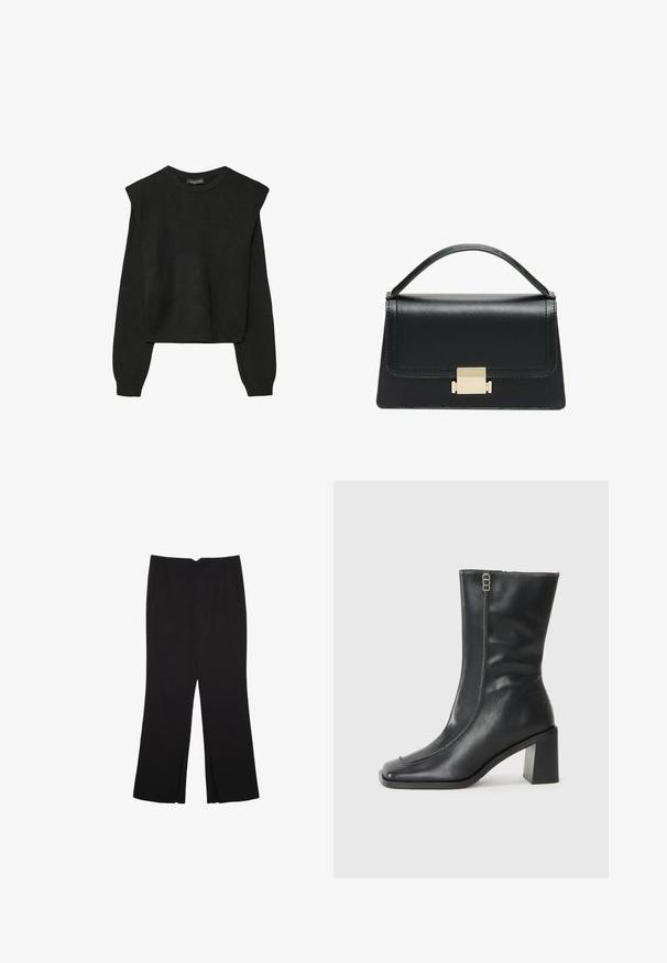 Svart långärmad stickad tröja med vadderade axlar och ribbade muddar och fåll, visad mot en vit bakgrund.; Svarta byxor med rak passform, utrustade med framfickor och sidoklyvningar vid fållen. Tillverkade av mjukt, slätt tyg. Lämpliga för olika tillfällen.; Svart läderankelboot med fyrkantig tå, sidodragkedja och kraftig, fyrkantig klack. Har kontrasterande sömmar längs framseam.; Svart läderhandväska med en strukturerad design, handtag upptill och en detalj i guldmetalllås på framsidan. Slät yta, minimal sömnad.