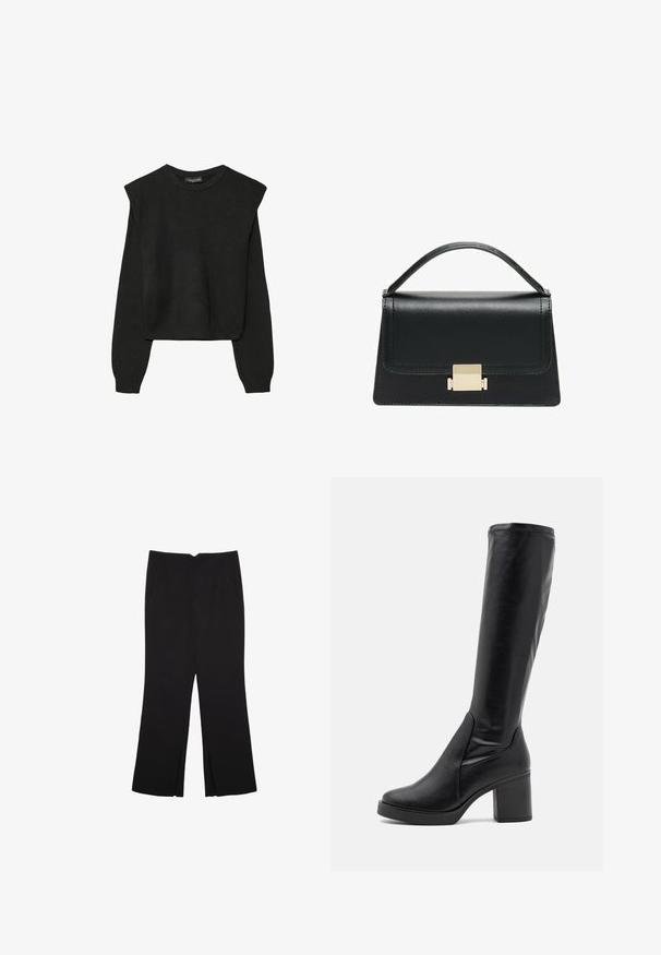Crna pletena dugoslojna majica sa podloženim ramenima i rebrastim manžetama i rubom, prikazana na bijeloj pozadini.; Crne hlače ravnog kroja, s prednjim džepovima i bočnim prorezima na rubu. Izrađene od mekog i glatkog materijala. Pogodne za razne prigode.; Crne čizme do koljena od glatke kože s masivnom petom i zaobljenim vrhom. Imaju bešavni dizajn i suptilne šavove.; Crna kožna torba s strukturiranim dizajnom, gornjom drškom i zlatnim metalnim kopčanjem na prednjoj strani. Glatka tekstura, minimalno šivanje.