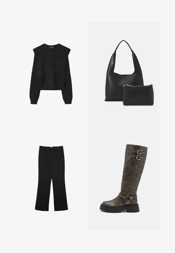 Mustat pitkätuuliseset neulepaidat, joissa on toppaukset harteilla sekä ribbaus hihansuissa ja helmassa, esitetty valkoista taustaa vasten.; Mustat housut suoralinjaisella leikkauksella, joissa on etutaskut ja sivurei'ät helman alla. Valmistettu pehmeästä ja sileästä kankaasta. Sopii eri tilaisuuksiin.; RAID DERRY - Korolliset saappaat - grey; Even&Odd Käsilaukku - black