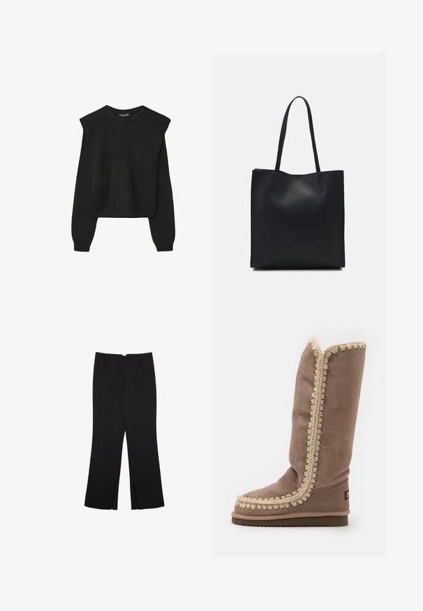 Mustat pitkätuuliseset neulepaidat, joissa on toppaukset harteilla sekä ribbaus hihansuissa ja helmassa, esitetty valkoista taustaa vasten.; Mustat housut suoralinjaisella leikkauksella, joissa on etutaskut ja sivurei'ät helman alla. Valmistettu pehmeästä ja sileästä kankaasta. Sopii eri tilaisuuksiin.; Korkeat ruskeat mokkasammat, joissa on monimutkainen beige kirjonta reunoilla, pyöreä varvas ja litteä pohja. Yksinkertainen, virtaviivainen muotoilu.; Mustapahkainen kangaskassi, jossa on sileä pinta, suorakaiteen muotoinen ja kaksi pitkää kahvaa. Ei näkyvää metalliosaa tai koristeita.