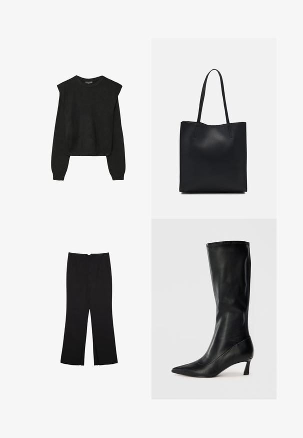 Maglione nero a maniche lunghe in maglia con spalle imbottite e polsini e orlo a coste, mostrato su uno sfondo bianco.; Pantaloni neri a gamba dritta, con tasche frontali e spacchi laterali all'orlo. Realizzati in tessuto morbido e liscio. Adatti a diverse occasioni.; Stivale nero in pelle fino al ginocchio con punta a punta e tacco modesto. Texture liscia e design elegante con dettagli di cucitura discreti.; Borsa tote in pelle nera con texture liscia, forma rettangolare e due manici lunghi. Nessun hardware o decorazione visibile.