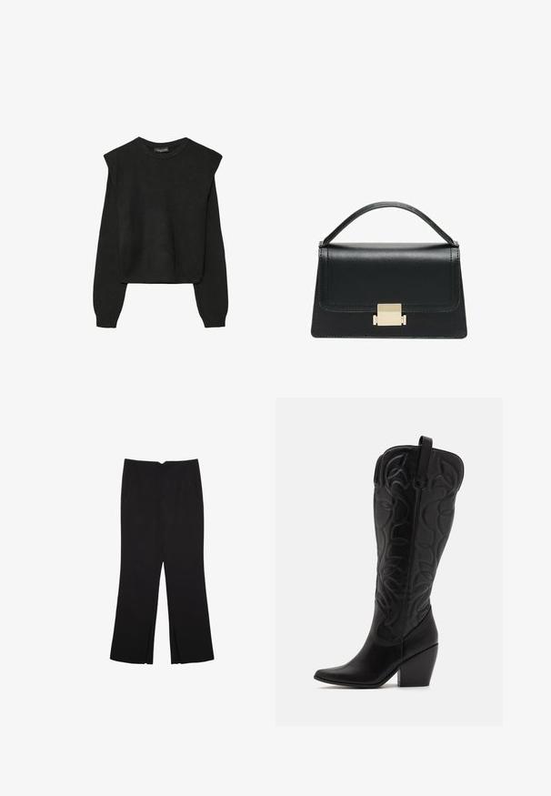 Czarny, długi sweter z dzianiny z poduszkami na ramionach oraz prążkowanymi mankietami i dołem, pokazany na białym tle.; Czarne spodnie o prostym kroju, z przednimi kieszeniami i bocznymi rozcięciami na dole. Wykonane z miękkiego, gładkiego materiału. Odpowiednie na różne okazje.; Czarne skórzane kowbojki z wysoką cholewką, dekorowane krzywymi przeszyciami, mające spiczastą czubek i masywny obcas.; Czarna skórzana torebka o zorganizowanej konstrukcji, z górną rączką i złotym metalowym zapięciem z przodu. Gładka faktura, minimalne przeszycia.