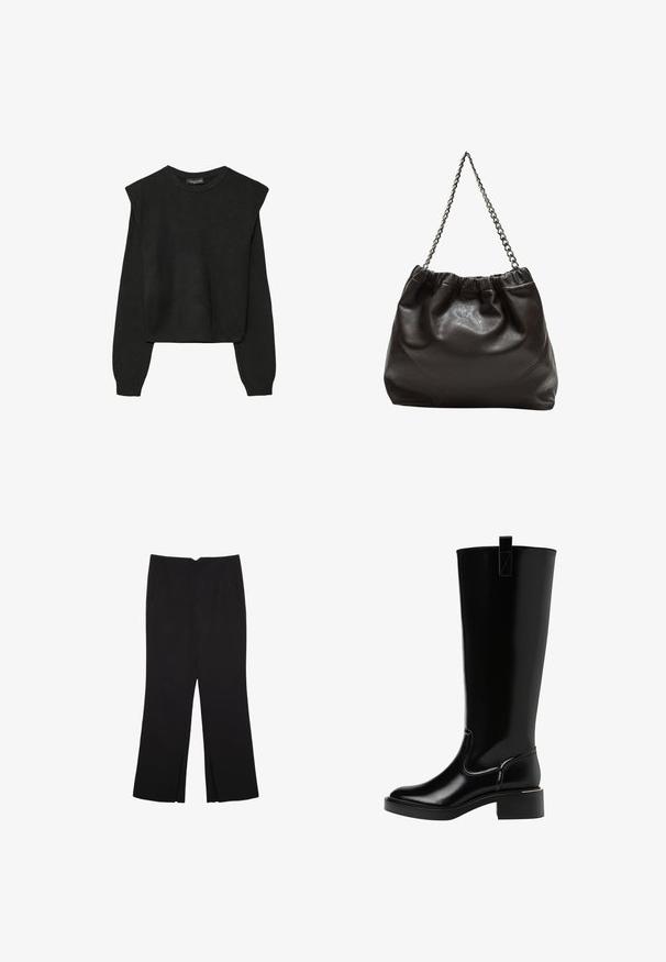 Black long-sleeve knitted sweater with padded shoulders and ribbed cuffs and hem, shown against a white background.; Black trousers with a straight fit, featuring front pockets and side slits at the hem. Made of soft, smooth fabric. Suitable for various occasions.; Black knee-high boots with a glossy finish, rounded toe, small block heel, and a pull tab at the back. Seam detailing accentuates the design.; Brown leather bag with a gathered top and a chain strap. Smooth texture with a glossy finish and subtle seam detailing on the sides.