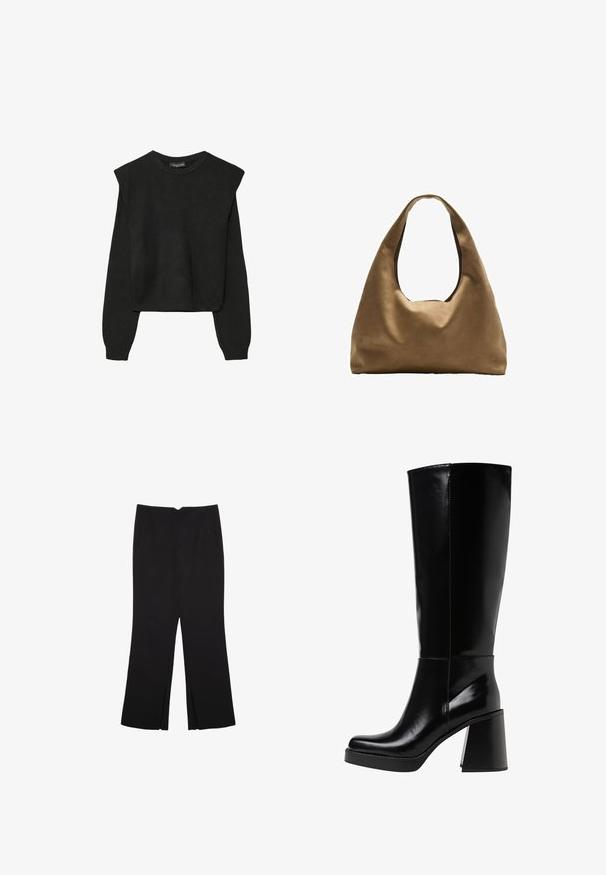Svart långärmad stickad tröja med vadderade axlar och ribbade muddar och fåll, visad mot en vit bakgrund.; Svarta byxor med rak passform, utrustade med framfickor och sidoklyvningar vid fållen. Tillverkade av mjukt, slätt tyg. Lämpliga för olika tillfällen.; Svarta knähöga stövlar i glänsande material, med en kraftig klack och rund toe. Sömdetaljer löper längs den yttre sidan.; Brun tygaxelväska med en bred, rundad kropp och ett stort utskärningshandtag. Mjukt material, minimalistisk design och ingen synlig hårdvara.