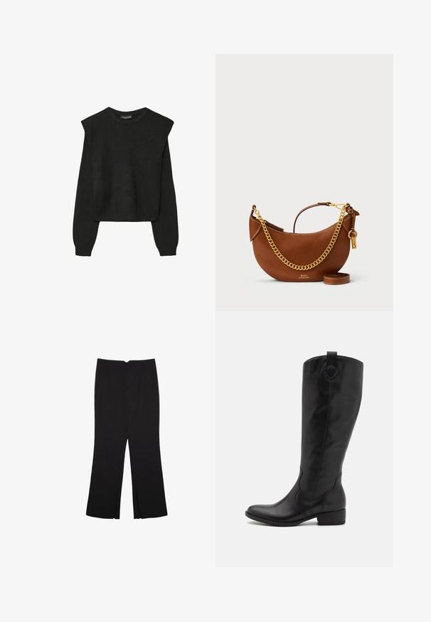 Pull en tricot noir à manches longues avec épaules rembourrées et poignets et ourlet côtelés, présenté sur un fond blanc.; Pantalon noir avec une coupe droite, doté de poches avant et d'éclairs sur l'ourlet. Fabriqué en tissu doux et lisse. Convient à diverses occasions.; Botte noire en cuir, montant jusqu'au genou, avec un bout arrondi, un petit talon bloc et des coutures décoratives. Dispose d'une languette à l'arrière pour un enfilage facile.; Sac à main en cuir brun avec un design courbé, une chaîne dorée, une poche intérieure et une bandoulière amovible. Présente des coutures contrastantes.