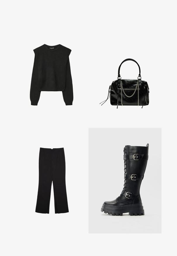 Čierny pletený sveter s dlhými rukávmi, vycpanými ramenami a rebrovanými nápletmi a spodným okrajom, zobrazený na bielom pozadí.; Čierne nohavice so strihom rovného strihu, s prednými vreckami a bočnými rozparkami na leme. Vyrobené z mäkkej, hladkej tkaniny. Vhodné na rôzne príležitosti.; Vysoká čierna kožená bojová topánka s hrubou podrážkou, tromi nastaviteľnými prackami a detailom šnurovania vpredu na jednoduchom pozadí.; Bershka WITH CHAIN - Kabelka - black
