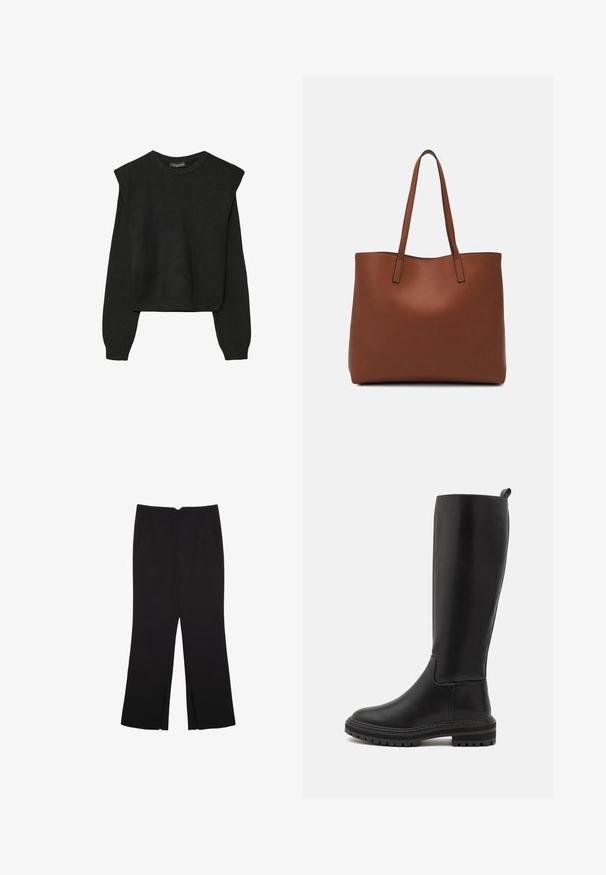 Schwarzer, langärmeliger, gestrickter Pullover mit gepolsterten Schultern sowie gerippten Bündchen und Saum, dargestellt vor einem weißen Hintergrund.; Schwarze Hose mit geradem Schnitt, ausgestattet mit Fronttaschen und Seitenschlitzen am Saum. Hergestellt aus weichem, glattem Stoff. Geeignet für verschiedene Anlässe.; Knielange schwarze Lederstiefel mit glatter Oberfläche, runder Spitze, niedrigem Gummisohle und minimalem Nähdetail.; Braune Leder-Tote mit glatter Textur, offenem Oberteil und zwei Schulterriemen. Verfügt über minimale Nähte und keine sichtbaren Beschläge.